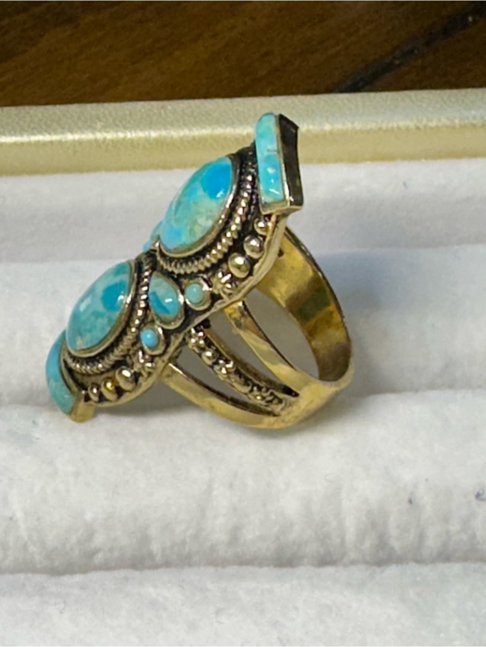 New Barse Bronze & Turquoise Blue Double Oval Statement Ring -Size 8 - Picture 2 of 7